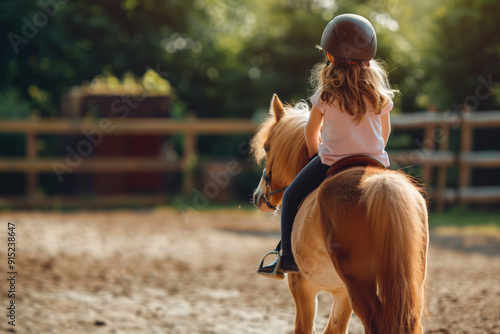 Young girl riding a pony in a sunny outdoor equestrian arena with trees in the background. Concepts of childhood, outdoor activities, and horse riding lessons.