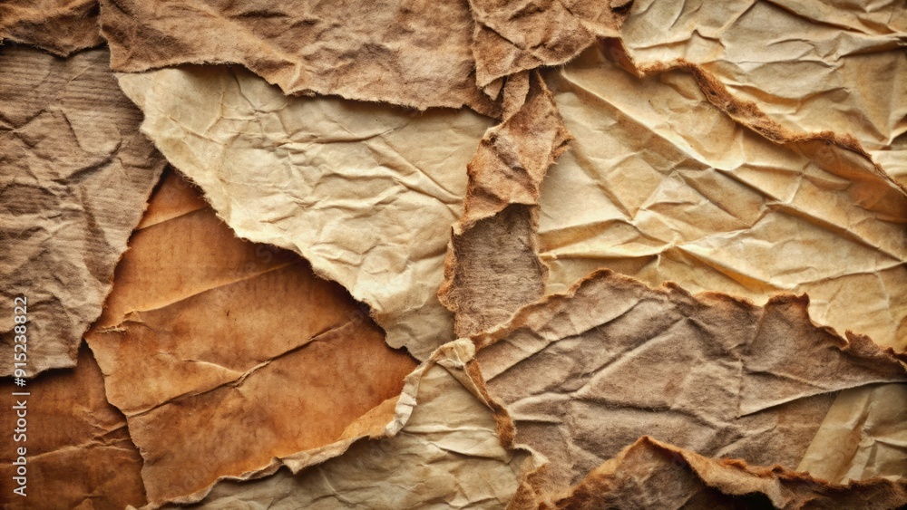 Distressed, worn, and torn paper fragments with torn edges, wrinkles, and creases, showcasing a vintage, retro aesthetic with earthy tones and rough textures. Distressed, worn, and torn paper fragments with torn edges, wrinkles, and creases, showcasing a vintage, retro aesthetic with earthy tones and rough textures.