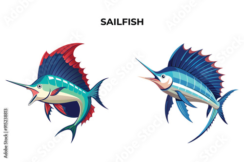 Detailed Sailfish vector illustration. Perfect for culinary, marine, and environmental designs. High-quality vector for easy customization. Ideal for menus, packaging, education, and web graphics.