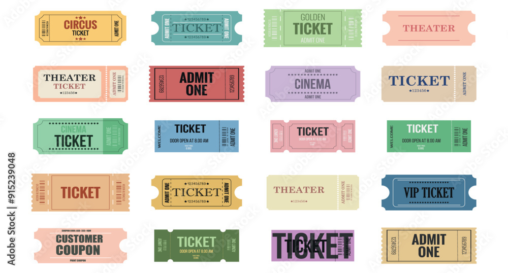 Big retro tickets set for casino, theater, cinema, movie, film, festival, club, music, concert, boarding, lottery white isolated background Event admission, entrance pass. Admit one ticket template. Big retro tickets set for casino, theater, cinema, movie, film, festival, club, music, concert, boarding, lottery white isolated background Event admission, entrance pass. Admit one ticket template.