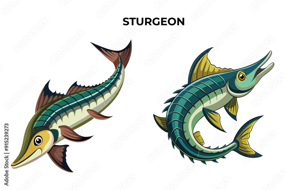 Fototapeta premium Detailed Sturgeon Fish vector illustration. Perfect for culinary, marine, and environmental designs. High-quality vector for easy customization. Ideal for menus, packaging, education, and web graphics