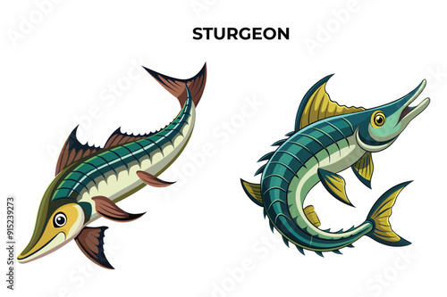 Detailed Sturgeon Fish vector illustration. Perfect for culinary, marine, and environmental designs. High-quality vector for easy customization. Ideal for menus, packaging, education, and web graphics