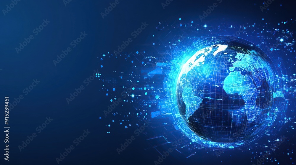 A blue digital globe with glowing lines and dots. A blue digital globe with glowing lines and dots.