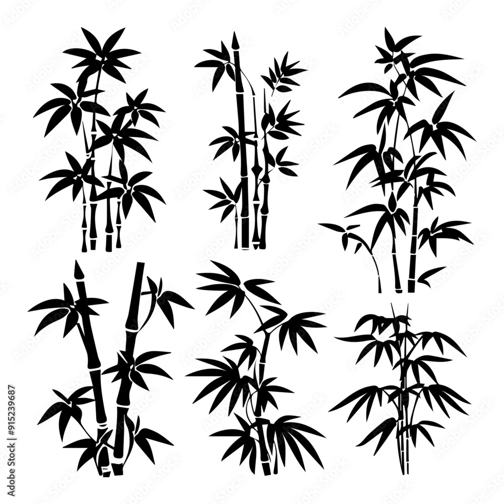 Obraz premium Six black silhouettes of bamboo plants with leaves against a white background.