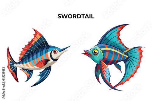 Detailed Swordtail fish vector illustration. Perfect for culinary, marine, and environmental designs. High-quality vector for easy customization. Ideal for menus, packaging, education, and web graphic