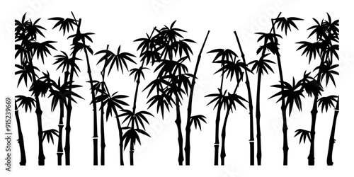 A black and white silhouette of a grove of bamboo plants with leaves.