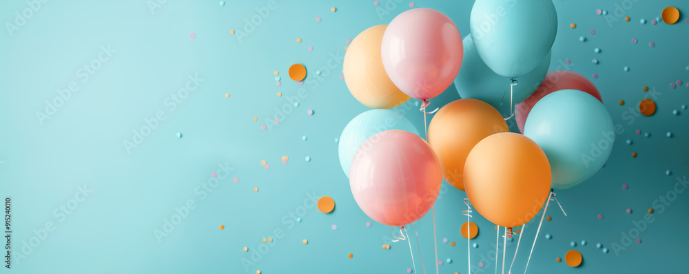 Panoramic view with flying colourful balloons on the blue background. Banner, wallpaper and gifting card concept. Panoramic view with flying colourful balloons on the blue background. Banner, wallpaper and gifting card concept.