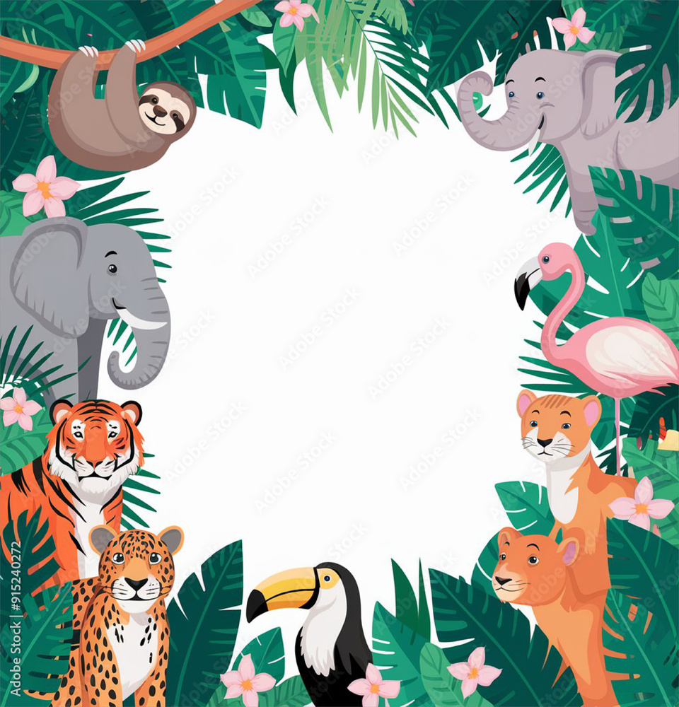 Fototapeta premium Adorable cartoon jungle animals surrounding a blank signboard, Perfect for children's materials.