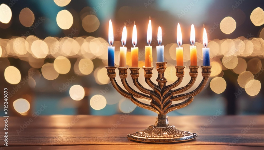 Candles are lit on a menorah with a bokeh of lights in the background Candles are lit on a menorah with a bokeh of lights in the background