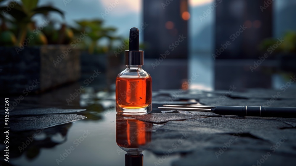 Glass Dropper Bottle with Reflection on a Wet Stone Surface Glass Dropper Bottle with Reflection on a Wet Stone Surface