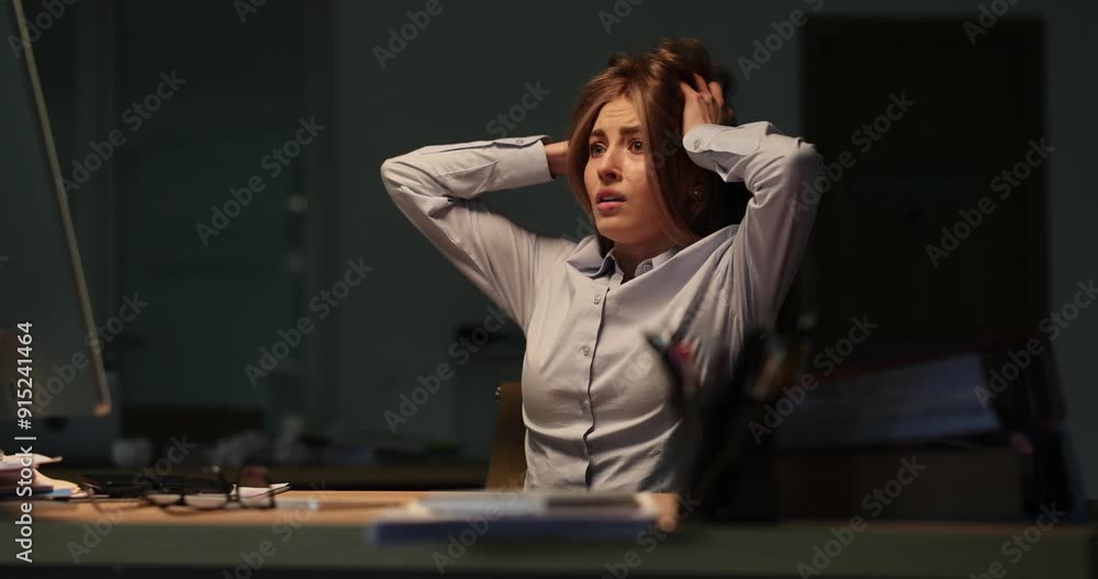 Office worker overwhelmed and frightened clutches head in despair. Woman worker stress compounded by tempestuous night with lightning in office Office worker overwhelmed and frightened clutches head in despair. Woman worker stress compounded by tempestuous night with lightning in office
