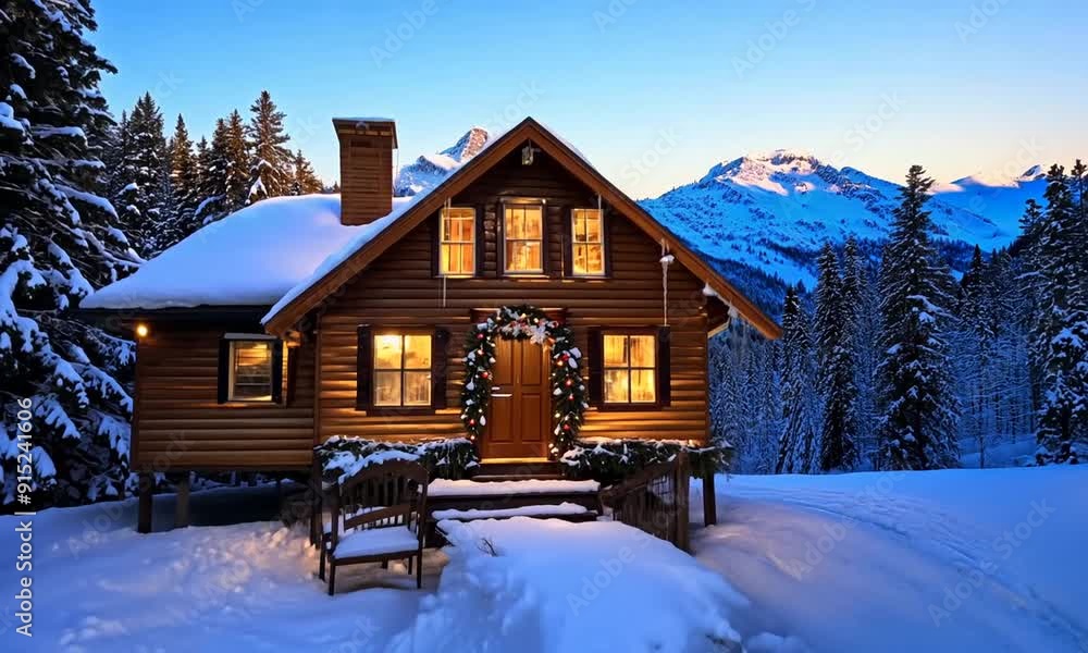 A cozy cabin in the snowy mountains. A cozy cabin in the snowy mountains.