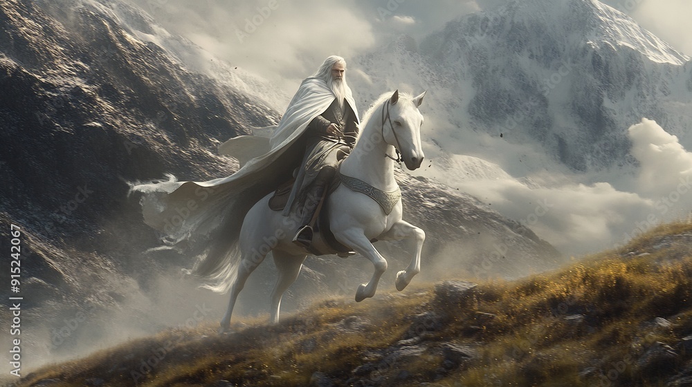 Fototapeta premium A White Rider Among Snowy Peaks