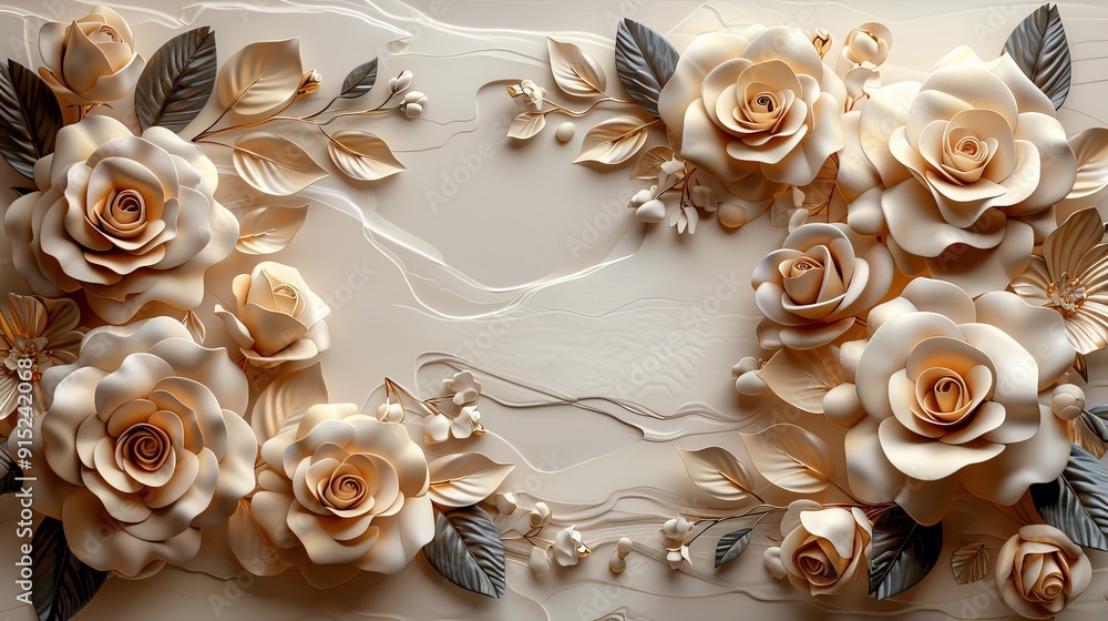 A sophisticated 3D floral pattern featuring abstract roses in Pastel monochrome, designed as a background with a minimalist border and ample copy space A sophisticated 3D floral pattern featuring abstract roses in Pastel monochrome, designed as a background with a minimalist border and ample copy space