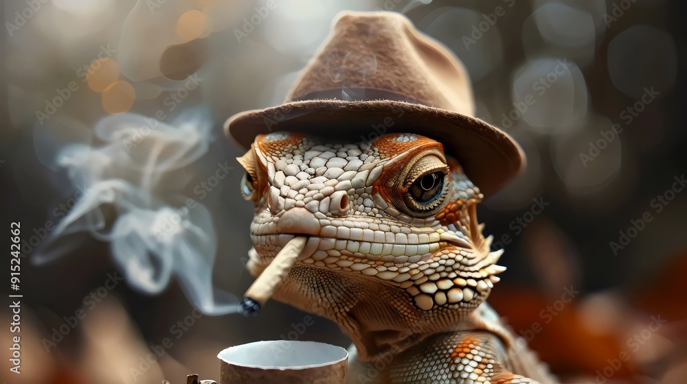 Obraz premium A lizard is smoking a cigarette and wearing a hat