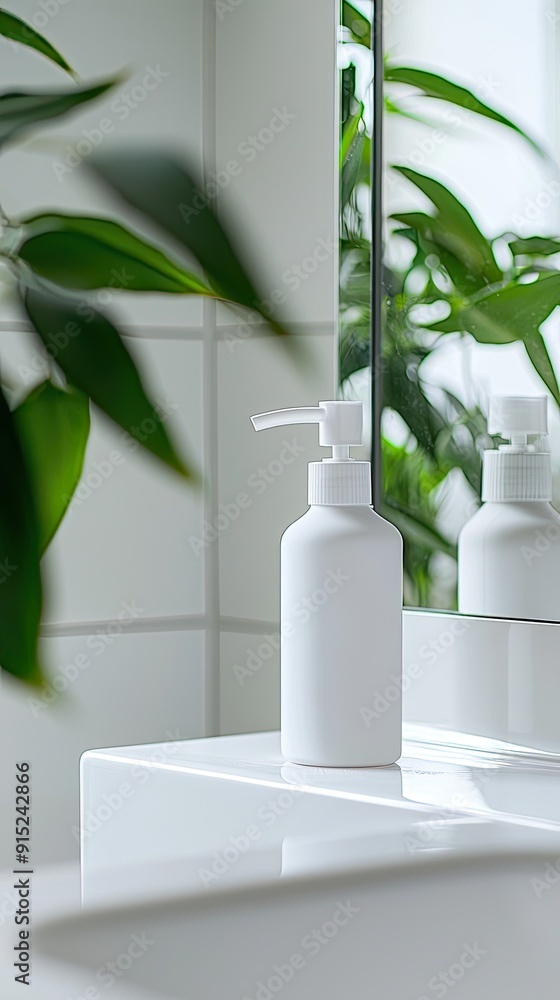 White plastic bottle of cosmetic product on white table in modern bathroom White plastic bottle of cosmetic product on white table in modern bathroom