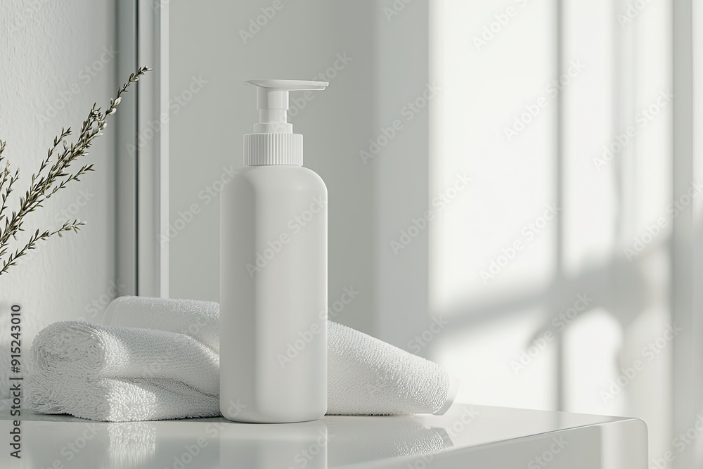 White plastic bottle of cosmetic product on white table in modern bathroom White plastic bottle of cosmetic product on white table in modern bathroom