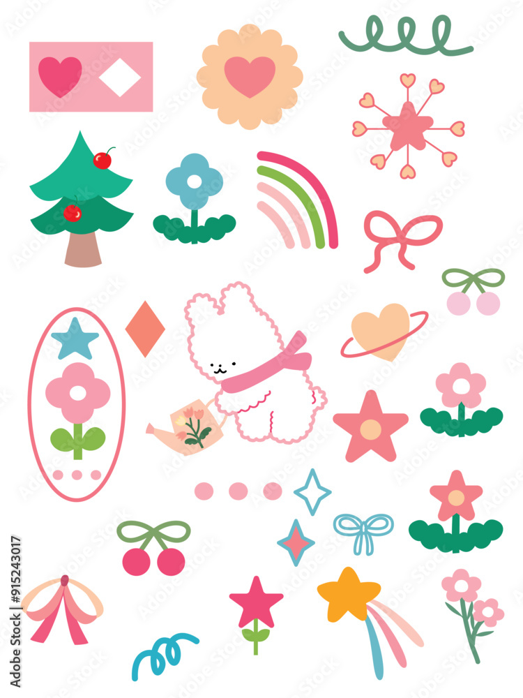 Fototapeta premium set of christmas elements, Cute sticker, christmas greeting card, tree with gifts, flowers in pots, Christmas and cute bunny, element Christmas animal, draw vector cute bunny in garden
