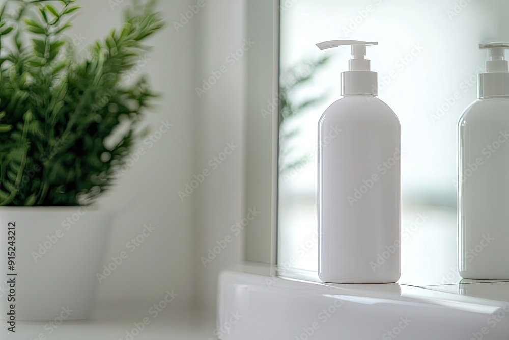 White plastic bottle of cosmetic product on white table in modern bathroom White plastic bottle of cosmetic product on white table in modern bathroom