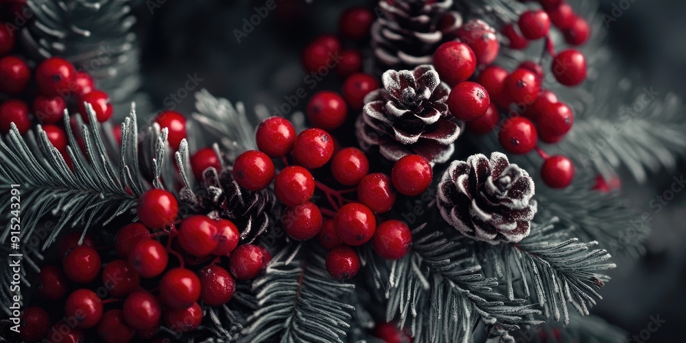 Close-up of red berries and pine cones Close-up of red berries and pine cones