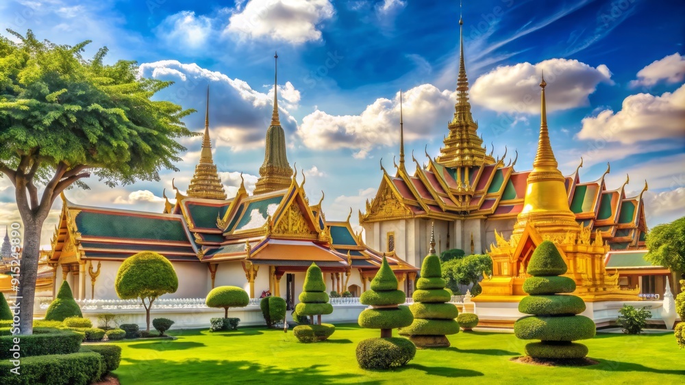 Fototapeta premium Majestic golden spires and intricate architecture of Grand Palace in Bangkok, Thailand, set against a bright blue sky with lush green trees in the foreground.