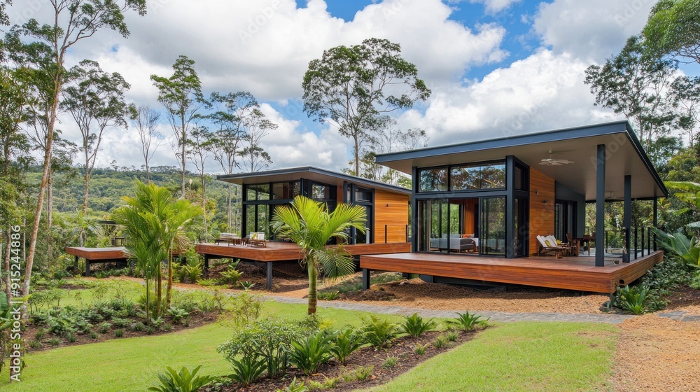 Modern Cabins with wooden decks and lush greenery. Modern Cabins with wooden decks and lush greenery.