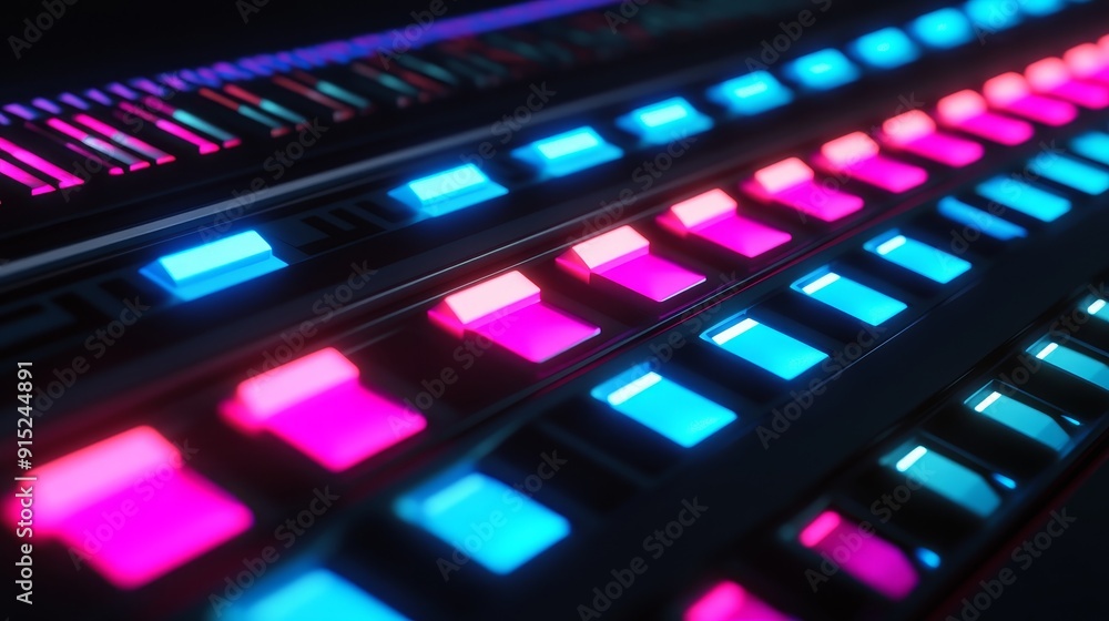 A close-up shot of a futuristic control panel with glowing pink and blue buttons. The image evokes a sense of technology and innovation. A close-up shot of a futuristic control panel with glowing pink and blue buttons. The image evokes a sense of technology and innovation.