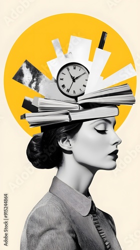Minimalist retro art collage in the style of surrealism, book club woman with a stack of books on her head and a yellow clock in the background