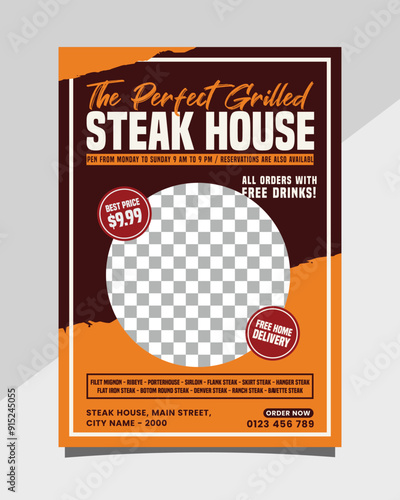 Perfect Grilled Steak House vertical poster flyer promotion template