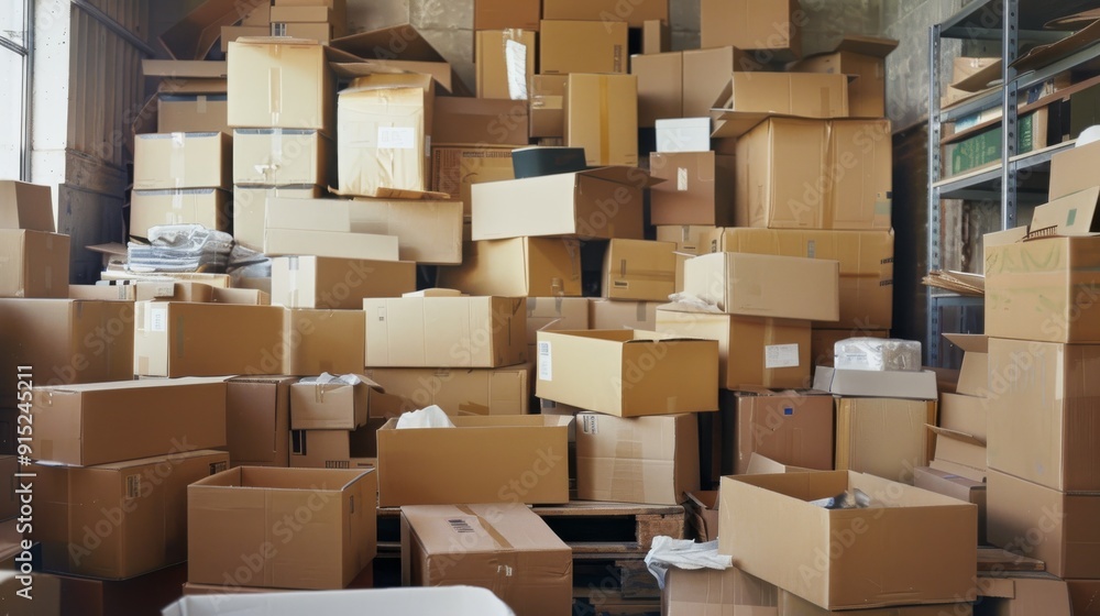 The chaotic scene of a room filled with stacked cardboard boxes, awaiting organization or processing in a warehousing environment. The chaotic scene of a room filled with stacked cardboard boxes, awaiting organization or processing in a warehousing environment.