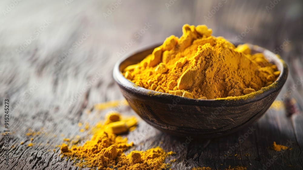 Photography of a bowl full of turmeric powder on a wooden table Photography of a bowl full of turmeric powder on a wooden table