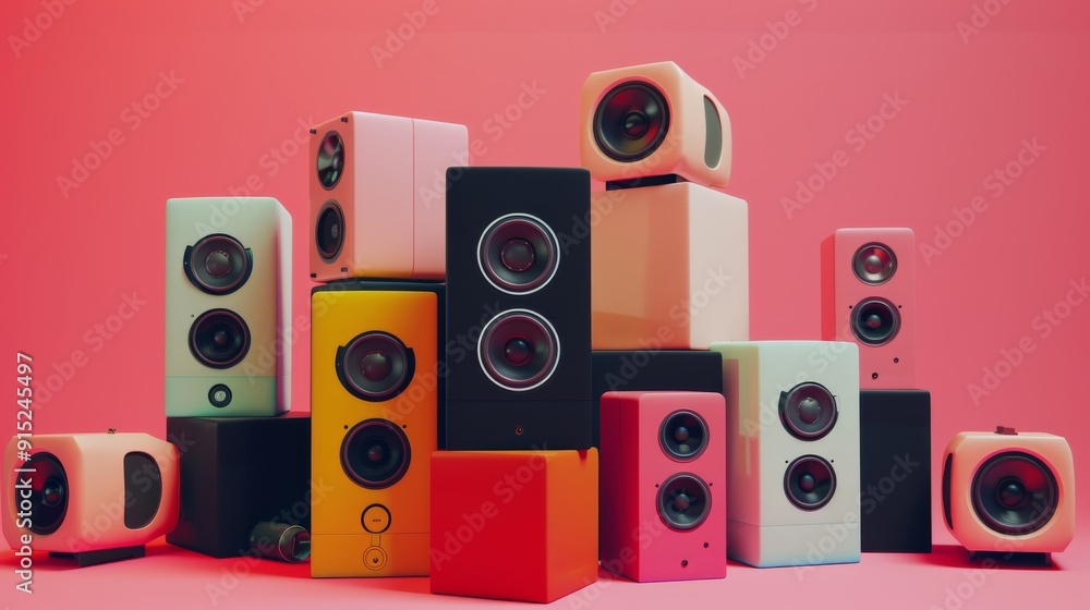 A creative arrangement of variously-sized, modern speaker systems against a bold red background, showcasing their sleek designs. A creative arrangement of variously-sized, modern speaker systems against a bold red background, showcasing their sleek designs.