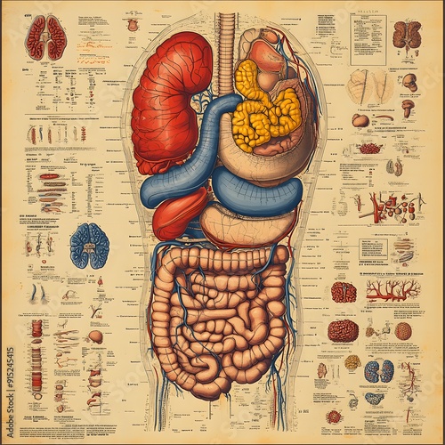 A 16:9 aspect ratio diagram of the human digestive system, tracing the path of food from ingestion to excretion, with all organs and processes labeled. photo