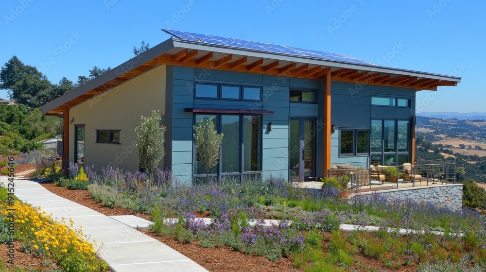 Modern home with solar panels on the roof and a beautiful view. Modern home with solar panels on the roof and a beautiful view.