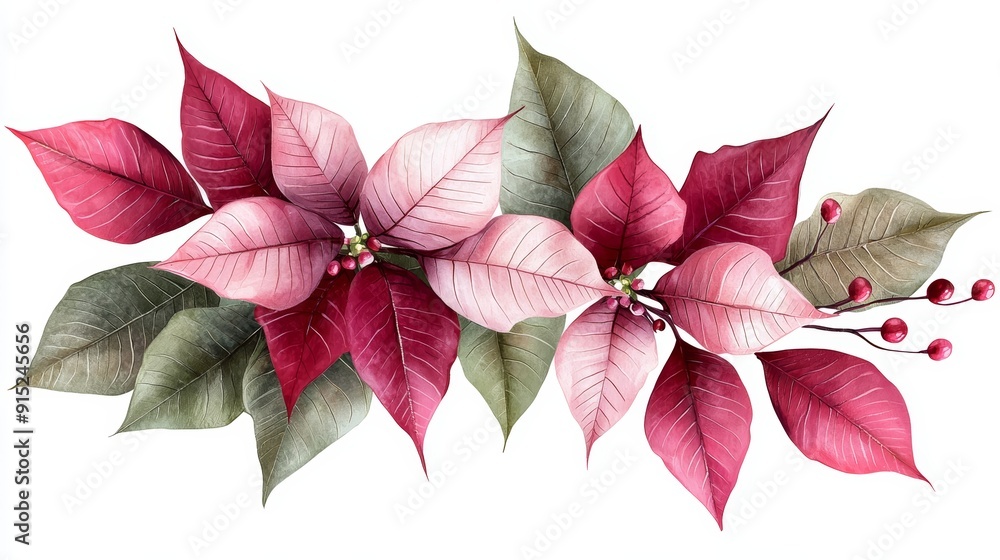 Watercolor painting of a delicate pink and red poinsettia flower arrangement with green leaves. Watercolor painting of a delicate pink and red poinsettia flower arrangement with green leaves.