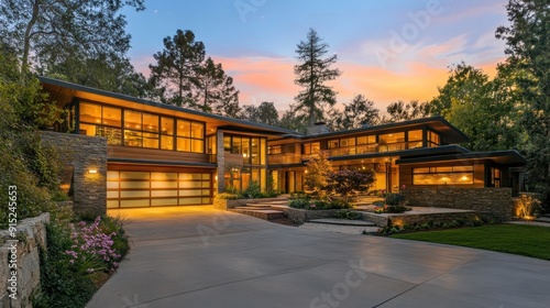 Modern house with a large driveway and a beautiful sunset in the background.