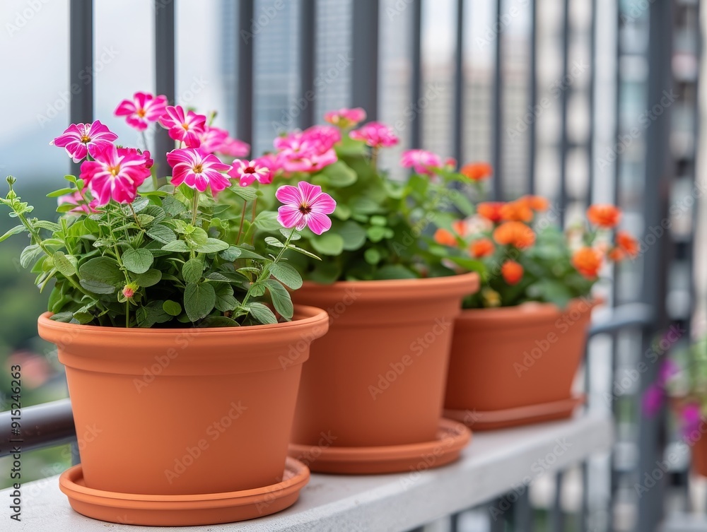 vibrant pink and orange flowers in terracotta pots on balcony railing with city skyline in background. vibrant pink and orange flowers in terracotta pots on balcony railing with city skyline in background.