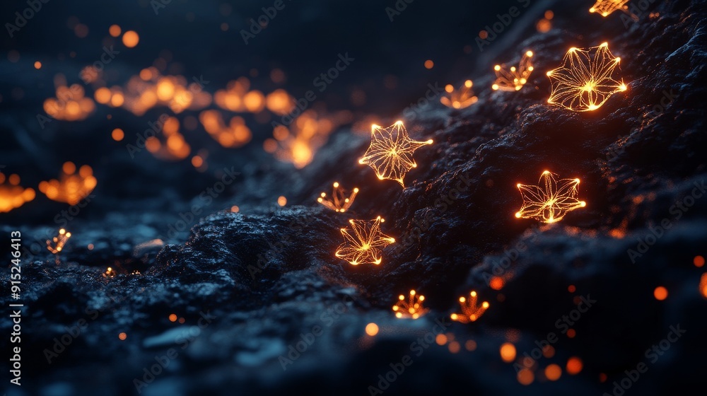 Abstract glowing particles on a dark, rocky surface. Futuristic, surreal, and mysterious. Abstract glowing particles on a dark, rocky surface. Futuristic, surreal, and mysterious.