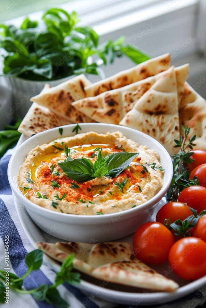 A delicious hummus and pita platter, designed as an antioxidant-rich meal perfect for health-conscious individuals. A delicious hummus and pita platter, designed as an antioxidant-rich meal perfect for health-conscious individuals.