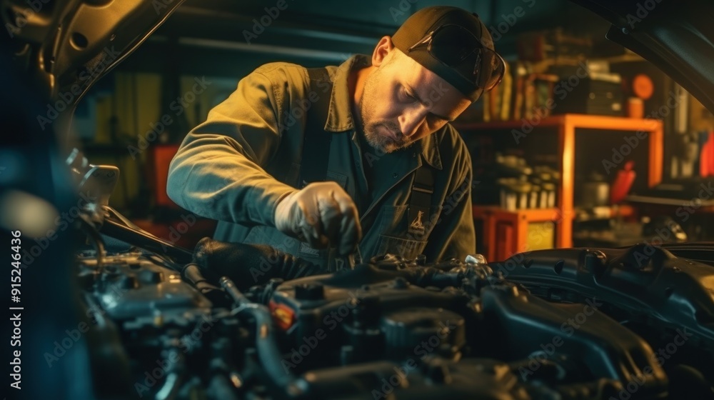 Mechanic Working on Car Engine Mechanic Working on Car Engine