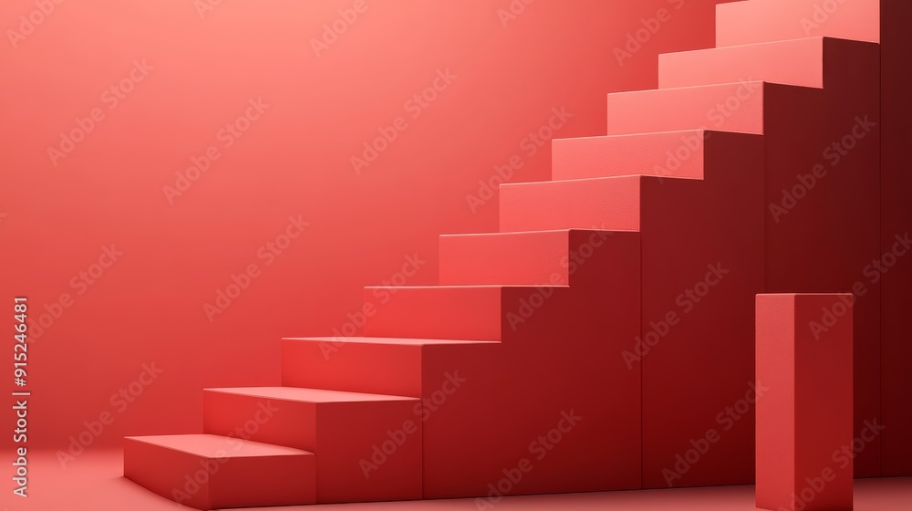 Abstract minimal red staircase leading up against a red wall. Abstract minimal red staircase leading up against a red wall.