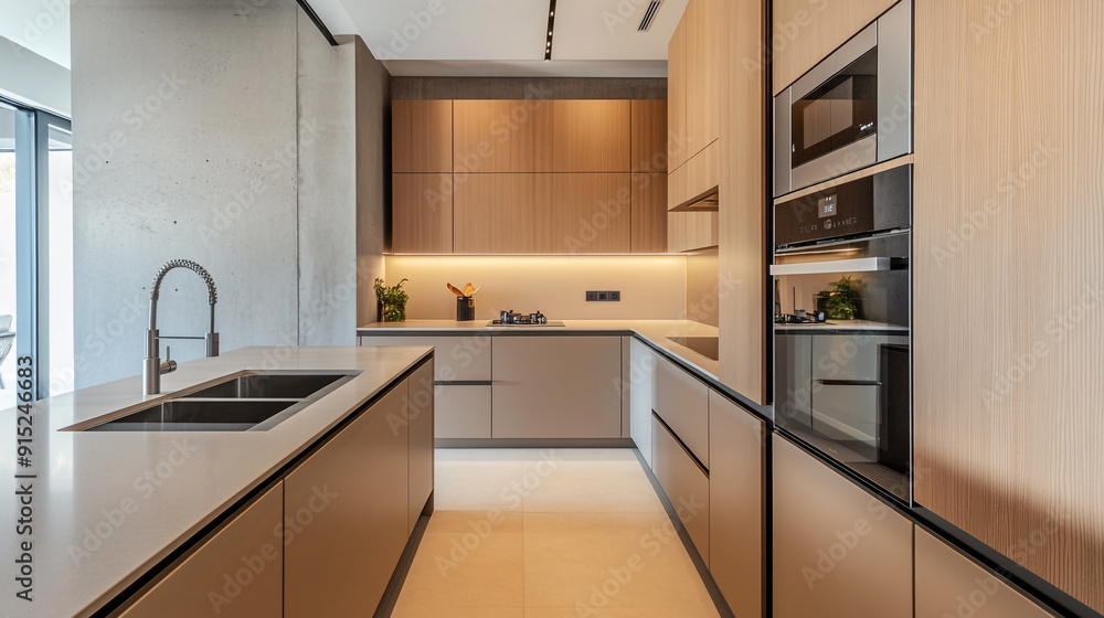 A sleek, modern kitchen design featuring minimalist cabinetry, integrated appliances, and ample natural light, perfect for contemporary homes A sleek, modern kitchen design featuring minimalist cabinetry, integrated appliances, and ample natural light, perfect for contemporary homes