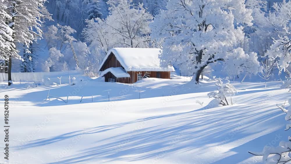 Winter cabin in serene snowscape with gentle shadows Winter cabin in serene snowscape with gentle shadows