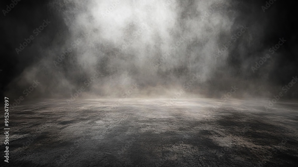 A dark, textured floor with a dramatic spotlight shining through the mist above. A dark, textured floor with a dramatic spotlight shining through the mist above.