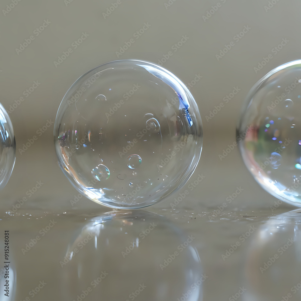 three clear glass spheres sitting on top of a table three clear glass spheres sitting on top of a table