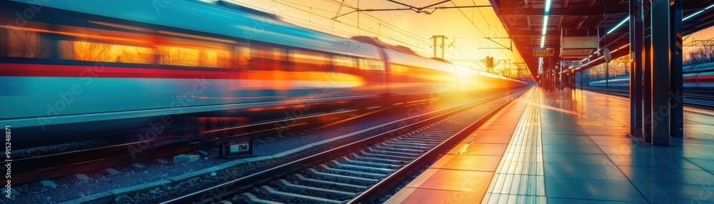 High-Speed Train Passing Through a Modern Railway Station at Sunset with Vibrant Colors and Motion Blur High-Speed Train Passing Through a Modern Railway Station at Sunset with Vibrant Colors and Motion Blur
