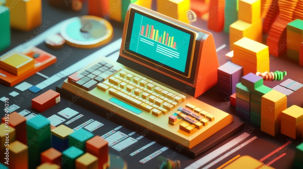 A colorful, abstract illustration of a retro computer surrounded by geometric shapes. A colorful, abstract illustration of a retro computer surrounded by geometric shapes.