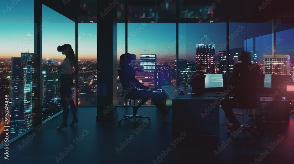 Fototapeta premium An office scene at dusk features people engaged in virtual reality activities, surrounded by illuminated cityscape views through large windows.