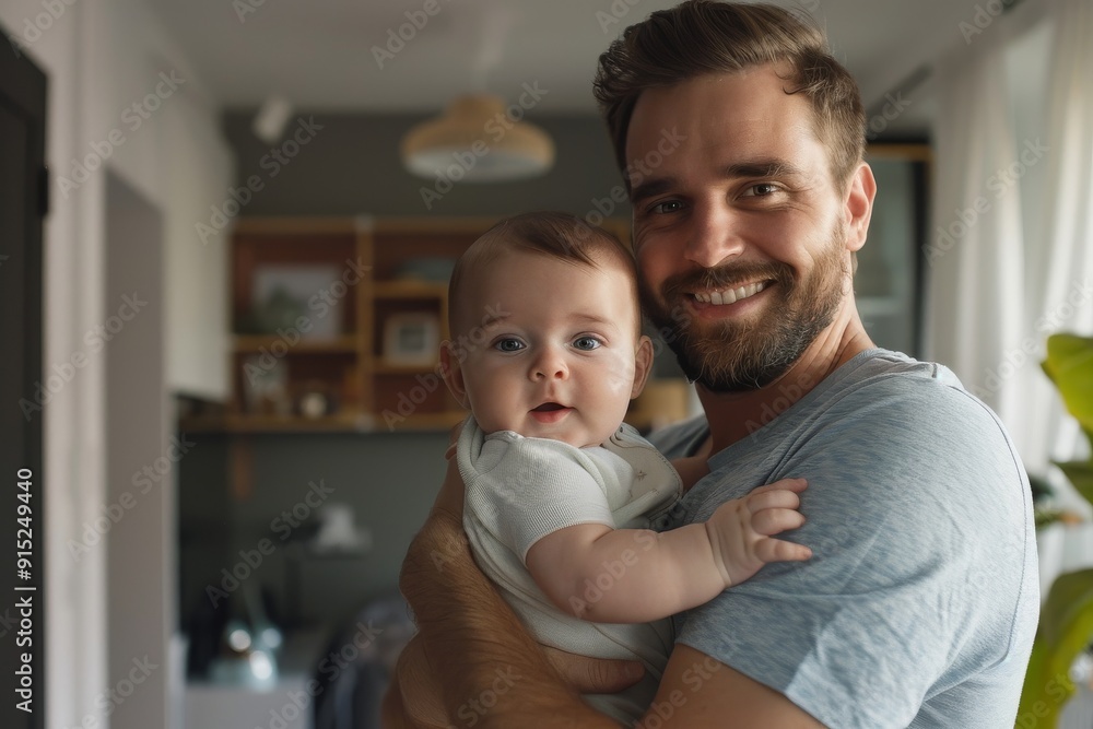 Joyful father holding his smiling baby in a cozy living room setting. Copy space Joyful father holding his smiling baby in a cozy living room setting. Copy space