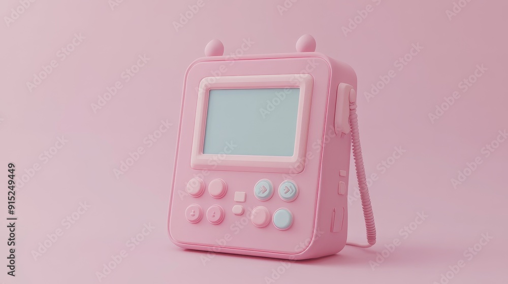 A pink handheld game console with a blank screen sits on a pink background. A pink handheld game console with a blank screen sits on a pink background.